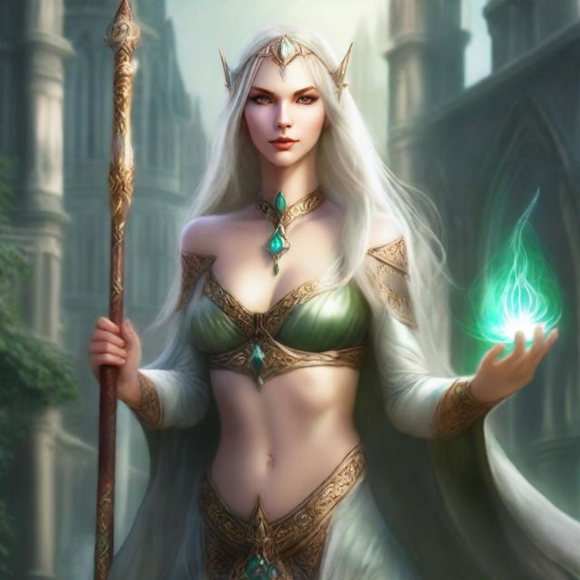 Create an image of a female Elven mage who is the leader of Traitoria