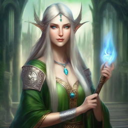 Create an image of a female Elven mage who is the leader of Traitoria