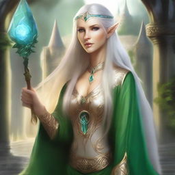 Create an image of a female Elven mage who is the leader of Traitoria