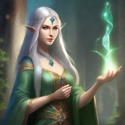 Create an image of a female Elven mage who is the leader of Traitoria