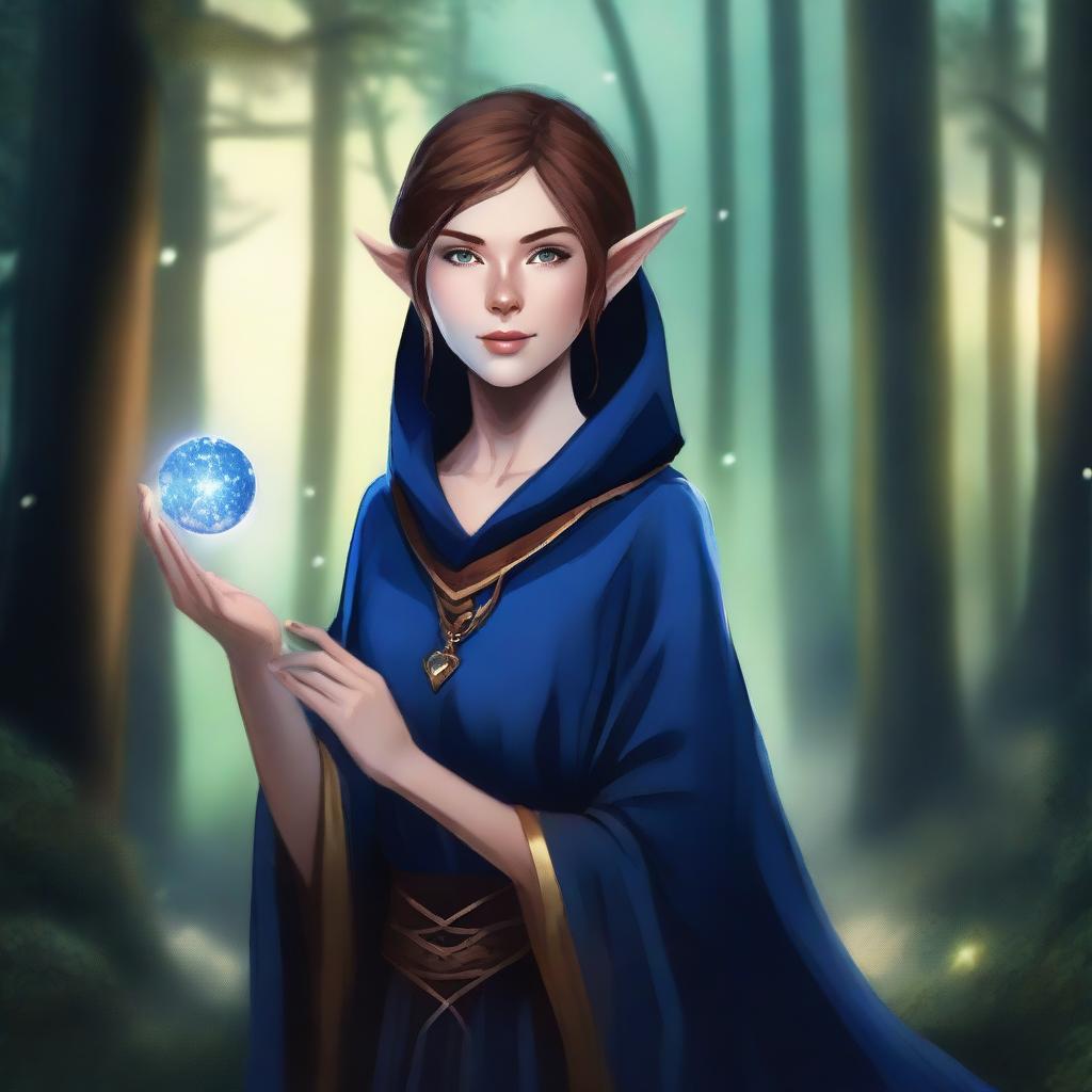 Create an image of a female Elven wizard with dark blue robes and short brown hair