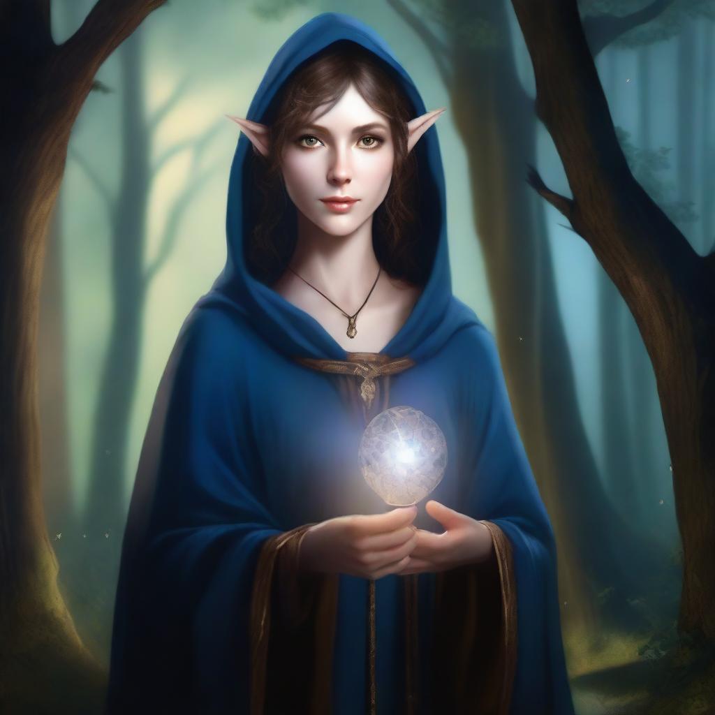 Create an image of a female Elven wizard with dark blue robes and short brown hair