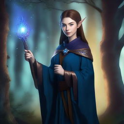 Create an image of a female Elven wizard with dark blue robes and short brown hair