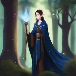 Create an image of a female Elven wizard with dark blue robes and short brown hair