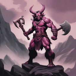 Create an image of a Tiefling Barbarian with pink skin, two devil horns, and a battle axe