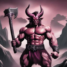 Create an image of a Tiefling Barbarian with pink skin, two devil horns, and a battle axe