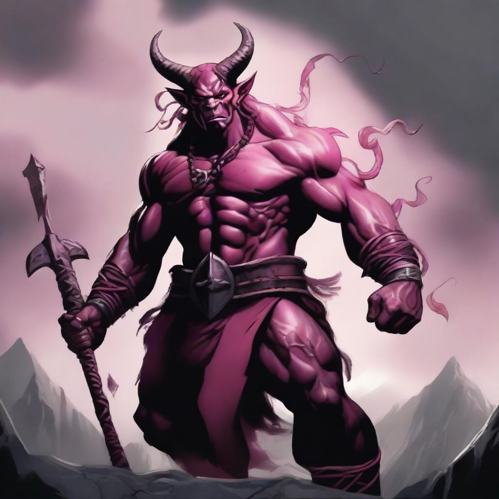 Create an image of a Tiefling Barbarian with pink skin, two devil horns, and a battle axe