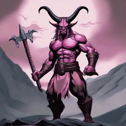 Create an image of a Tiefling Barbarian with pink skin, two devil horns, and a battle axe