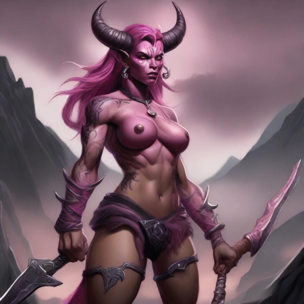 Create an image of a female Tiefling Barbarian with pink skin, two small devil horns, a tail, and a battle axe