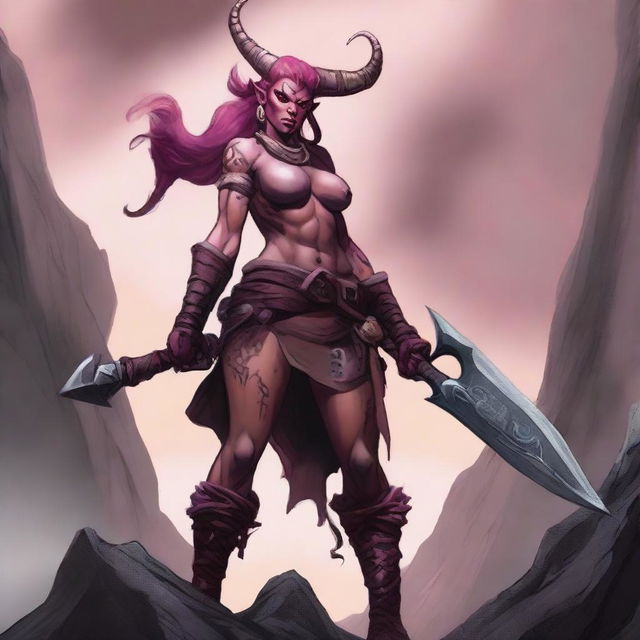 Create an image of a female Tiefling Barbarian with pink skin, two small devil horns, a tail, and a battle axe