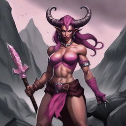 Create an image of a female Tiefling Barbarian with pink skin, two small devil horns, a tail, and a battle axe