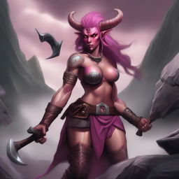 Create an image of a female Tiefling Barbarian with pink skin, two small devil horns, a tail, and a battle axe