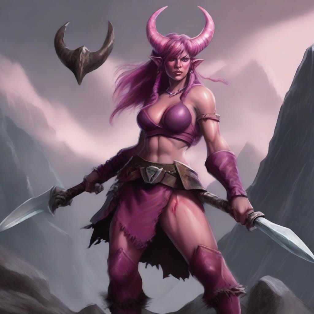 Create an image of a female Tiefling Barbarian with pink skin, two small devil horns, a tail, and a battle axe