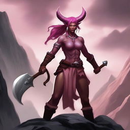 Create an image of a female Tiefling Barbarian with pink skin, two small devil horns, a tail, and a battle axe