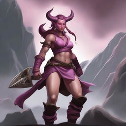 Create an image of a female Tiefling Barbarian with pink skin, two small devil horns, a tail, and a battle axe