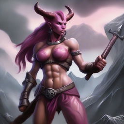 Create an image of a female Tiefling Barbarian with pink skin, two small devil horns, a tail, and a battle axe