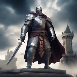 A heavy knight wearing a long cape and wielding a large sword