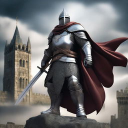 A heavy knight wearing a long cape and wielding a large sword