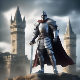 A heavy knight wearing a long cape and wielding a large sword