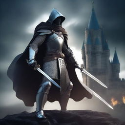 A knight wearing a cape and hood, wielding a long sword