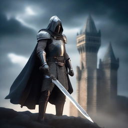 A knight wearing a cape and hood, wielding a long sword