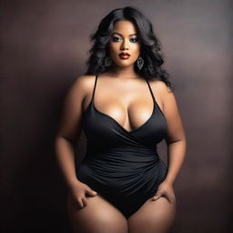 A curvy woman in a seductive pose, wearing elegant attire