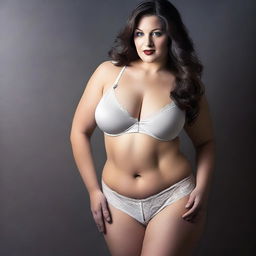 A curvy white woman in a very seductive pose, wearing tight lingerie