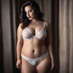 A curvy white woman in a very seductive pose, wearing tight lingerie