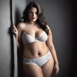 A curvy white woman in a very seductive pose, wearing tight lingerie