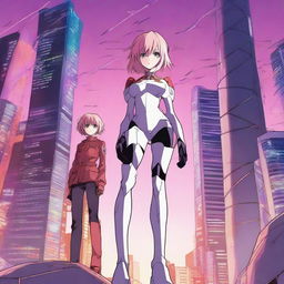 A detailed illustration featuring Rei Ayanami from Neon Genesis Evangelion standing next to Astolfo from Fate/Apocrypha