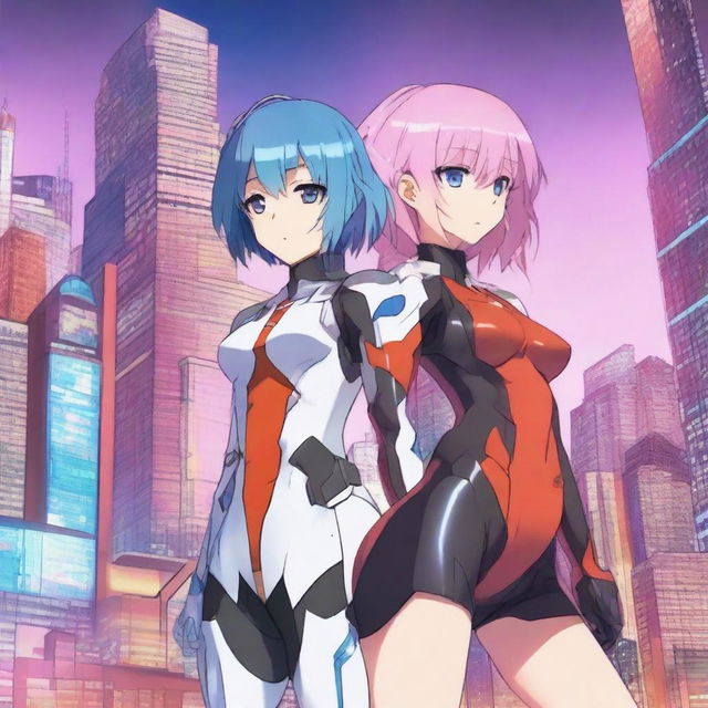 A detailed illustration featuring Rei Ayanami with blue hair from Neon Genesis Evangelion standing next to Astolfo from Fate/Apocrypha