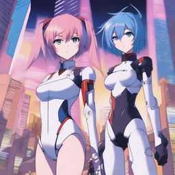 A detailed illustration featuring Rei Ayanami with blue hair from Neon Genesis Evangelion standing next to Astolfo from Fate/Apocrypha