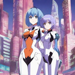 A detailed illustration featuring Rei Ayanami with blue hair from Neon Genesis Evangelion standing next to Astolfo from Fate/Apocrypha