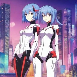 A detailed illustration featuring Rei Ayanami with blue hair from Neon Genesis Evangelion standing next to Astolfo from Fate/Apocrypha