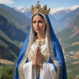 A detailed portrayal of the Virgin of the Valley, known as Virgen del Valle, a revered figure in Catholicism. Her image is serene and comforting, adorned in a gold crown and a blue and white robe, standing against a scenic valley.