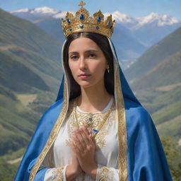 A detailed portrayal of the Virgin of the Valley, known as Virgen del Valle, a revered figure in Catholicism. Her image is serene and comforting, adorned in a gold crown and a blue and white robe, standing against a scenic valley.