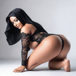 A sexy Muslim woman with medium-sized breasts and a big ass, dressed in revealing attire, bent over and twerking in a seductive pose