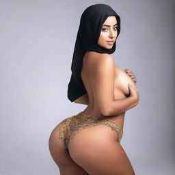 A sexy Muslim woman with medium-sized breasts and a big ass, dressed in revealing attire, bent over and twerking in a seductive pose