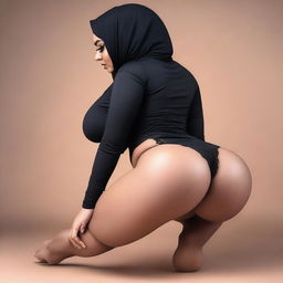 A sexy Muslim woman with medium-sized breasts and a big ass, dressed in revealing attire, bent over and twerking in a seductive pose