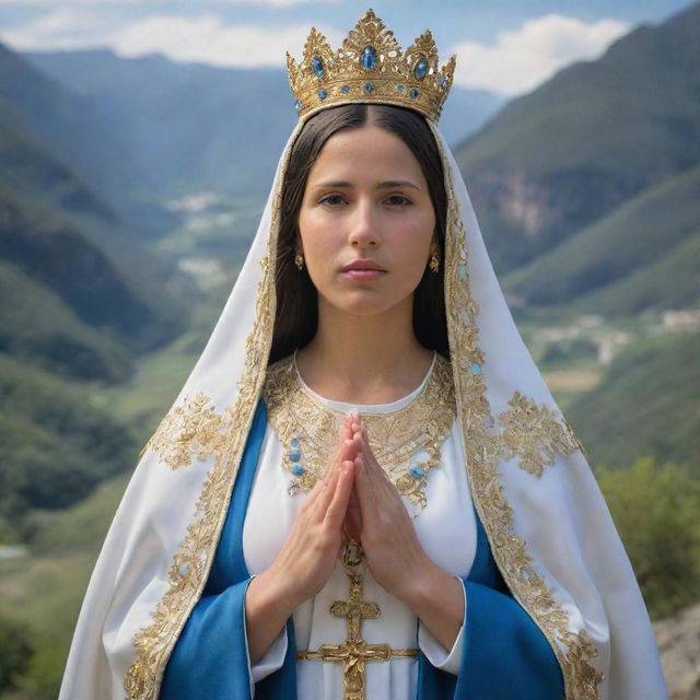 A detailed portrayal of the Virgin of the Valley, known as Virgen del Valle, a revered figure in Catholicism. Her image is serene and comforting, adorned in a gold crown and a blue and white robe, standing against a scenic valley.