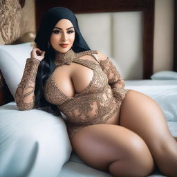 A seductive Muslim woman lying in bed, showcasing her curves with a focus on her big ass and great boobs