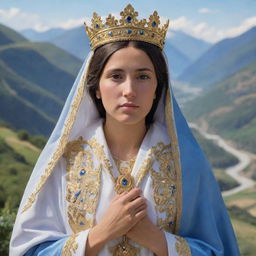 A detailed portrayal of the Virgin of the Valley, known as Virgen del Valle, a revered figure in Catholicism. Her image is serene and comforting, adorned in a gold crown and a blue and white robe, standing against a scenic valley.