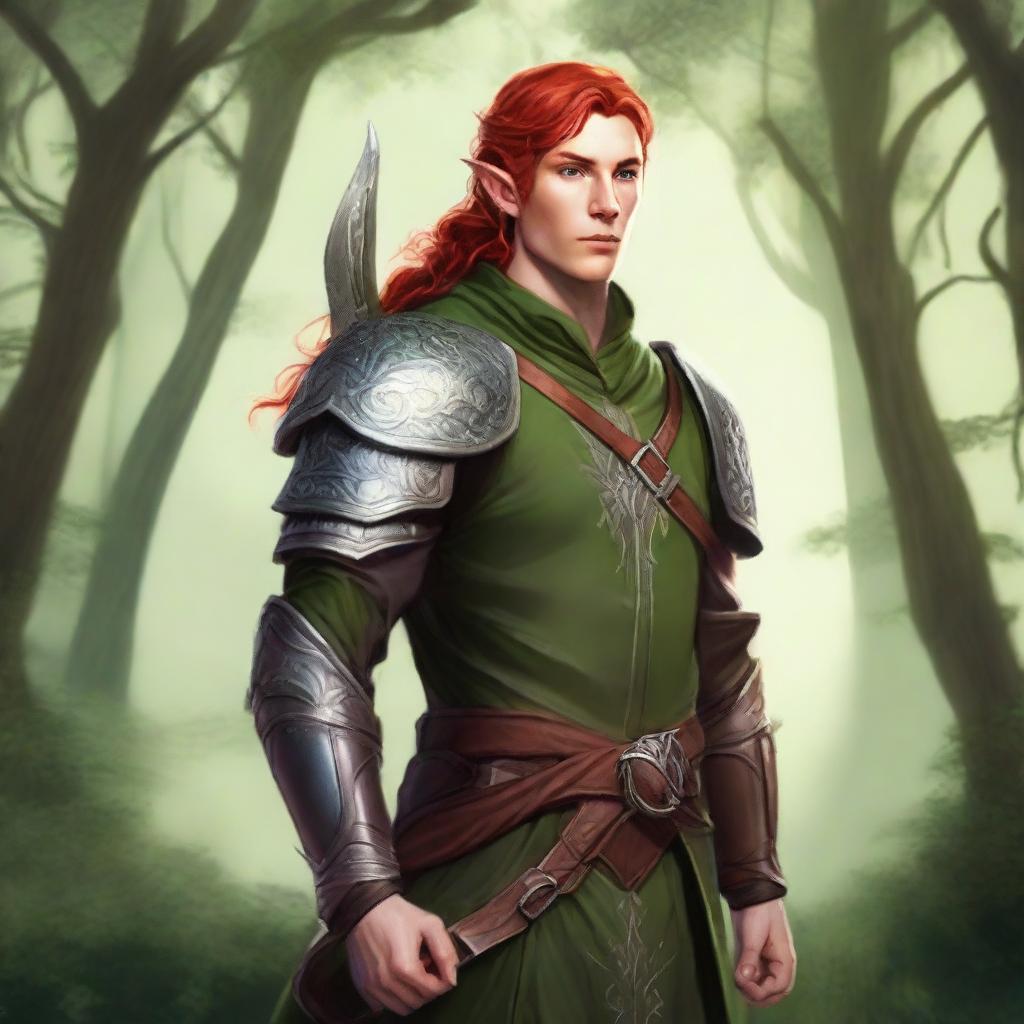 Create an image of a kind male elven ranger with red hair