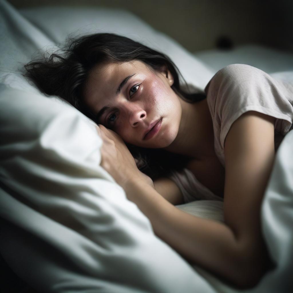 A girl lying in bed, sweating profusely