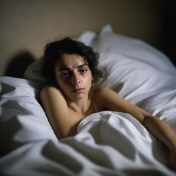 A girl lying in bed, sweating profusely