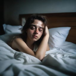 A girl lying in bed, sweating profusely