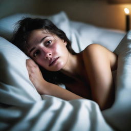 A girl lying in bed, sweating profusely