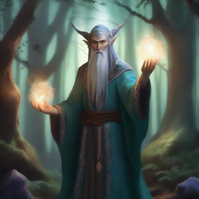 A detailed fantasy illustration of a half-elf sorcerer, casting a magical spell