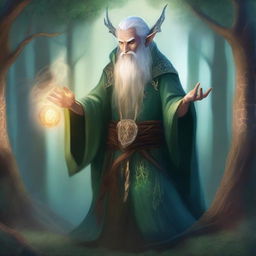 A detailed fantasy illustration of a half-elf sorcerer, casting a magical spell