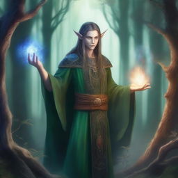 A detailed fantasy illustration of a half-elf sorcerer, casting a magical spell